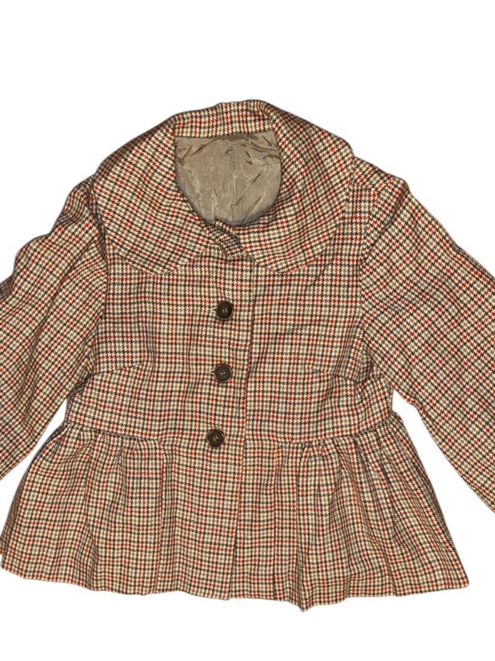 Vintage Style Houndstooth Peplum Jacket Peter Pan Collar Puff Sleeve XS S
